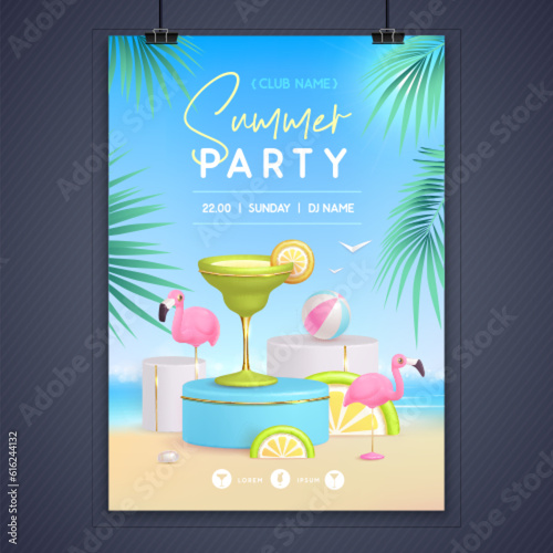 Summer disco party poster with 3d stage and margarita cocktail. Colorful summer beach scene. Vector illustration