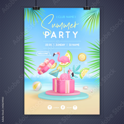 Summer disco party poster with 3d stage, flamingo and blue lagoon cocktail. Colorful summer beach scene. Vector illustration