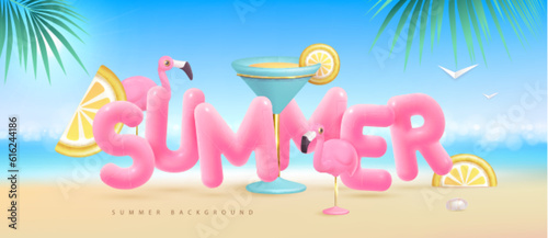 Summer beach background with 3d letters and cocktail blue lagoon. Colorful summer scene. Vector illustration