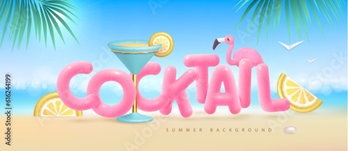 Summer beach background with 3d letters and cocktail blue lagoon. Colorful summer scene. Vector illustration