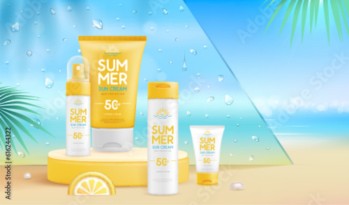 Summer beach background with 3d stage and set of sunscreen creams. Colorful summer scene. Vector illustration