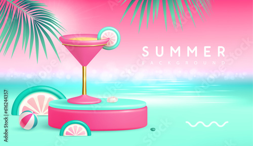 Summer beach background with 3d stage and cosmopolian cocktail .Colorful summer scene. Vector illustration