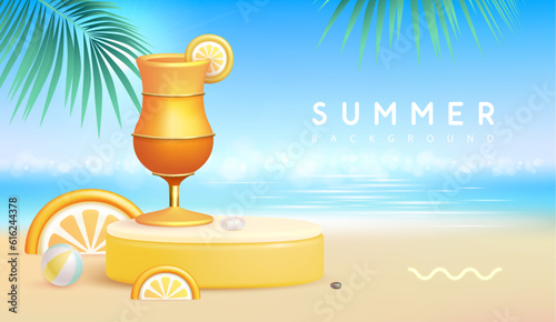 Summer beach background with 3d stage and tequila sunrise cocktail. Colorful summer scene. Vector illustration
