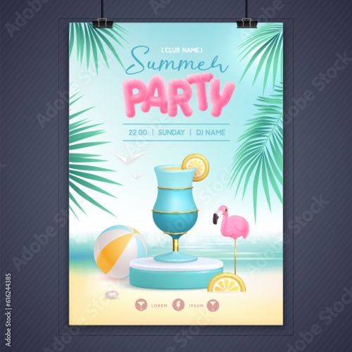 Summer disco party poster with 3d stage and cocktail blue lagoon. Colorful summer beach scene. Vector illustration