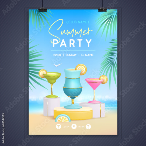 Summer disco party poster with 3d stage and cocktails. Colorful summer beach scene. Vector illustration