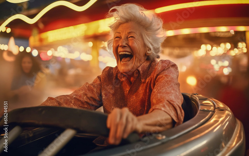 A happy elderly woman laughs and has fun on a bumper car photo