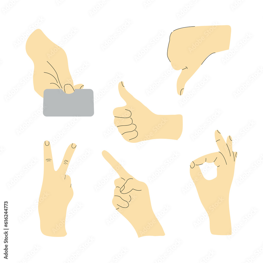 arm. hands. different hand poses. skin color with a partial black outline. current style. on a white background. eps 10.