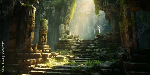 Exploring Ancient Ruins, A lone adventurer with a torch stands at the entrance of a crumbling stone temple, overgrown with vines and moss