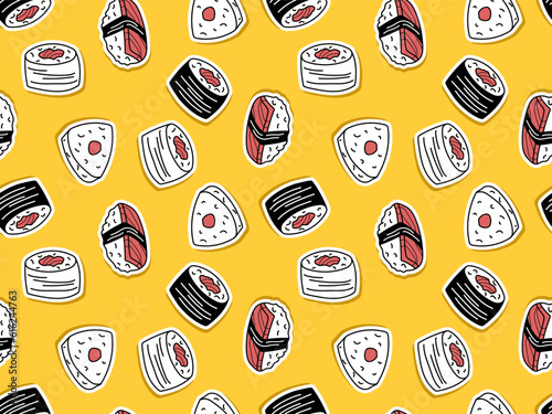 Sushi seamless pattern. Traditional Japan food. Fresh sushi set isolated. Asian Sushi rolls in sketch style. Repeated vector doodle design, textile, wrapping, scrapbooking. Sushi collection.