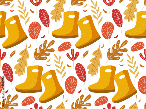 Rainy weather. Seamless pattern with Bright yellow boots and autumnal falling leaves. Abstract nature background. Hand drawn repeated Vector illustration for wallpaper, textile, packaging.