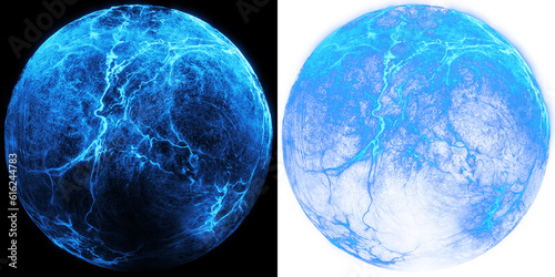 Glowing Blue Orb, Liquid Energy. translucent orb-shaped particle effect immersed in a liquid flow. Isolated on a black and transparent background. Perfect to add layer overlay, add, screen blend mode.