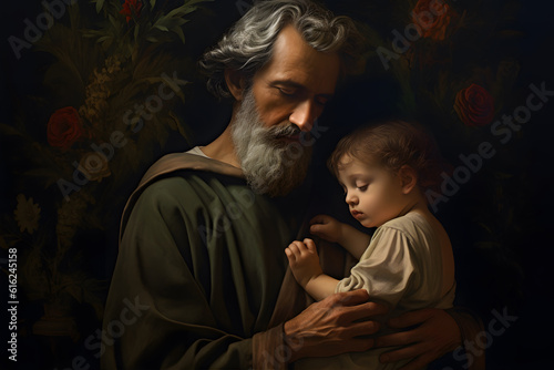 Saint Joseph St. Joseph with Jesus Christ, the Patron Saint of the Catholic Church. San Jose. Generative ai. Patron Saint of Fathers, Workers