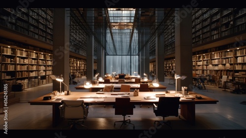 Workspace of a library of a building of modern architecture.