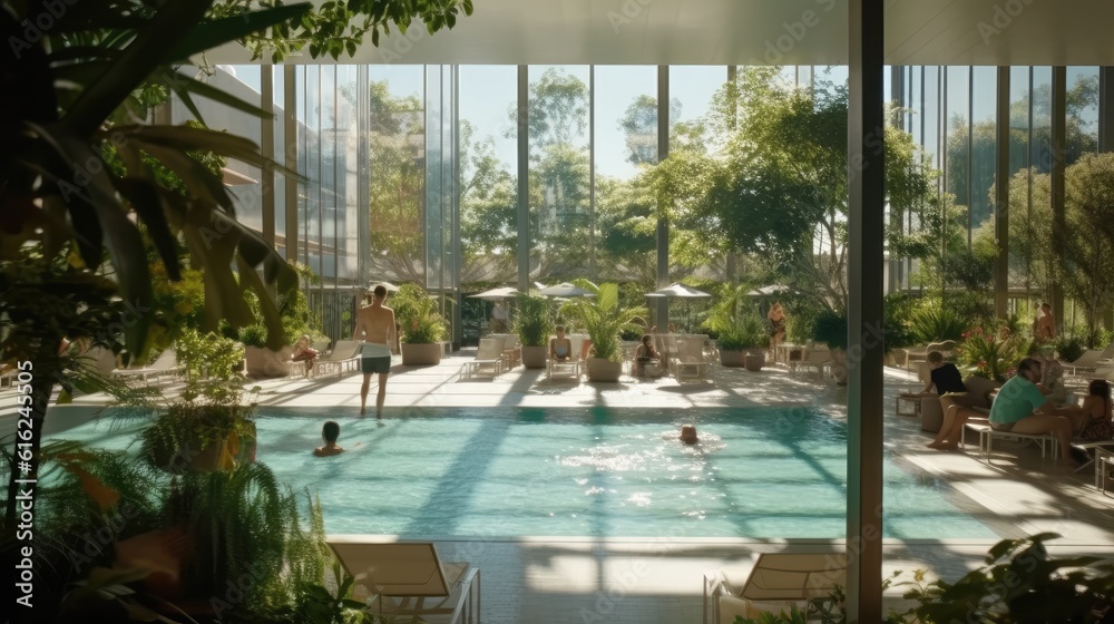 Fototapeta premium Pool in tropical atmosphere of a hotel in contemporary architecture