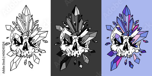 Skull overgrown with crystals, gemstones and jewels. Goth illustration for print and design. Vector isolated on background.
