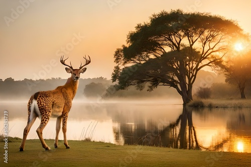 deer with tiger skin in the sunset generated AI