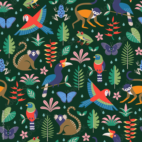 Vector seamless tropical pattern with rainforest stylized jungle animals  leaves and flowers on dark background. Bright flat surface pattern design.