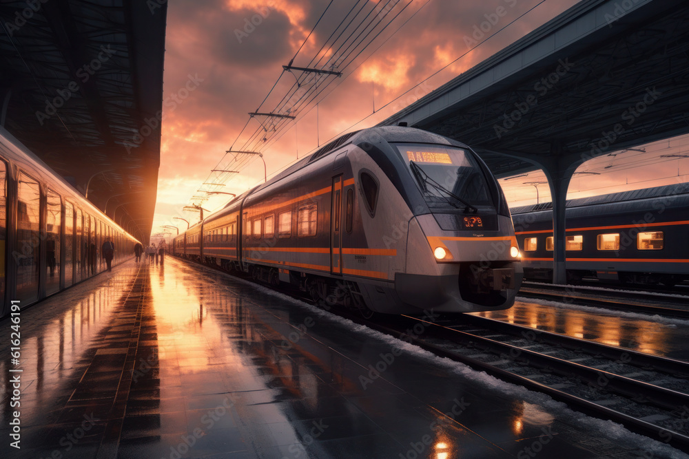 Fototapeta premium High train on the railway station at sunset. modern passenger train on railway platform. generative ai, ai generative