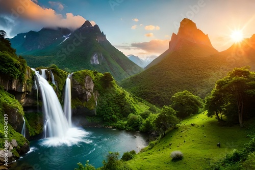  serene mountain beside a mesmerizing waterfall that sparkles with a kaleidoscope of colors. 