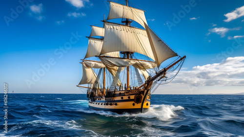 A wooden sailing ship gracefully cutting through the deep blue waves of the open ocean, with a clear sky © ckybe