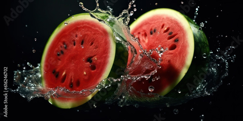 water melon slice on wood texture in nature background.