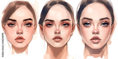 Illustration with soft eyes and sharp eyebrows Small nose and medium lips for a balanced look Add a small mole on the lips for unique charm. Medium length nails will complement the overall aesthetic.