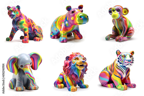 Glossy safari animals made with the rainbow colors. Generative AI