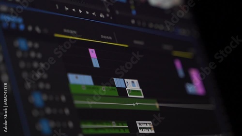 Work in the program for video editing on personal computer or laptop close up. Navigation in a computer program. Cursor movement. Work in the home office.