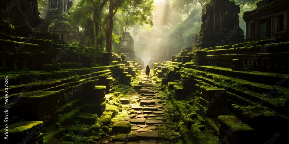 Obraz premium Exploring an Ancient Temple, bathed in golden light, amidst lush greenery,