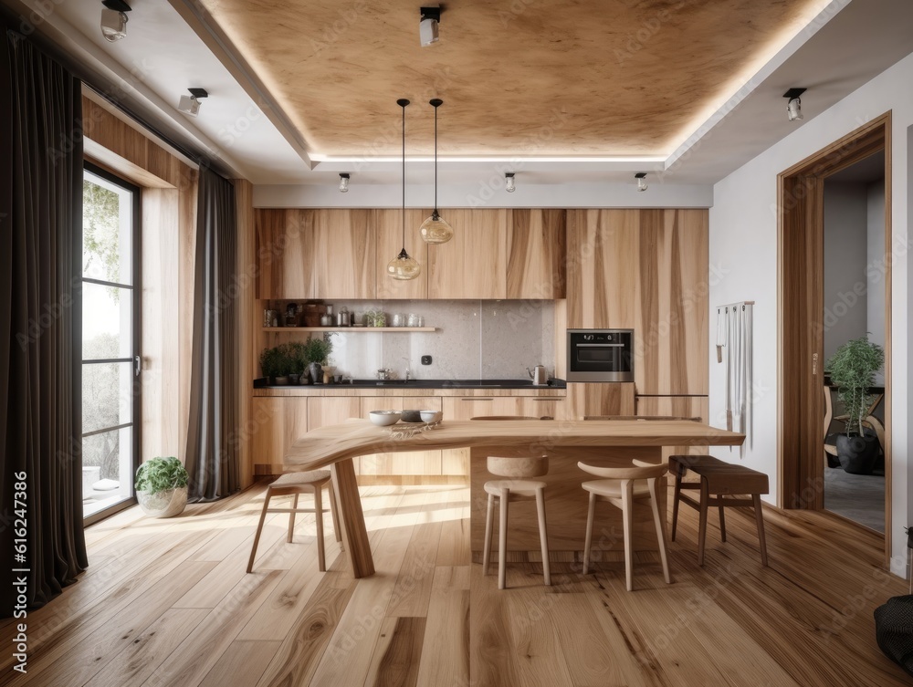 Contemporary wooden dining room and kitchen. Generative AI