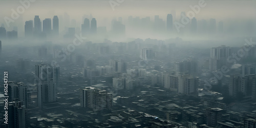 Urban landscape covered in layers of smog  revealing the harmful effects of air pollution