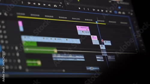 Work in the program for video editing on personal computer or laptop close up. Navigation in a computer program. Cursor movement. Work in the home office.