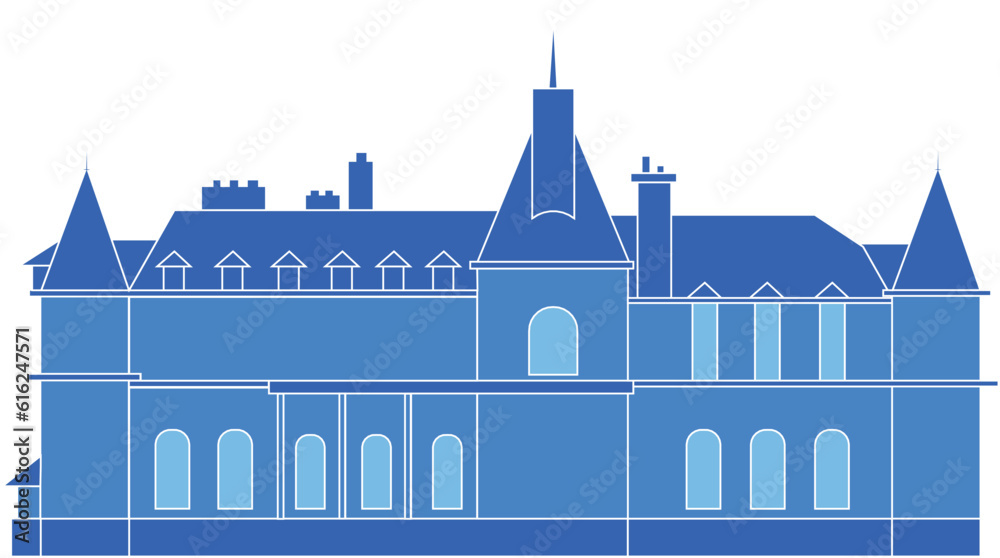 Old castle. Urban landscape in blue shades. Silhouette of the castle. Ancient architecture. Fairy Blue Castle