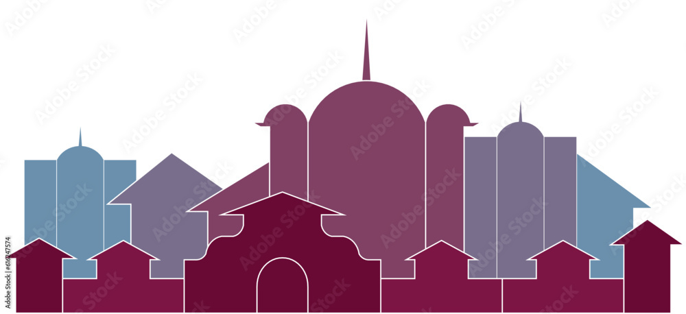 Silhouette of the old town. Urban landscape in pink hues. Silhouette of the castle. Ancient architecture. Fabulous pink background from buildings. Panorama of the city in the fog