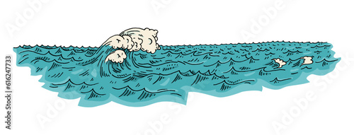 Sea waves. Vintage vector engraving color illustration. Isolated on white