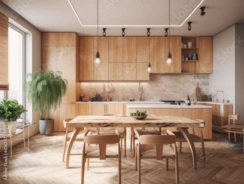 Contemporary wooden dining room and kitchen. Generative AI © Natee Meepian