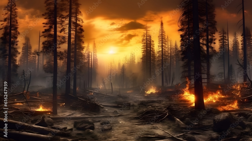 Wildfire Apocalypse - A post-apocalyptic landscape after a wildfire has ravaged the area. Generative AI.