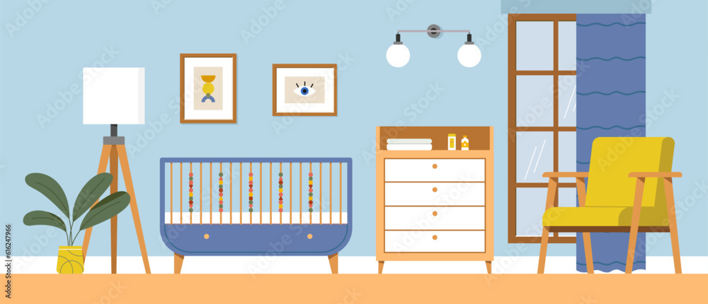 Blue bedroom interior for a boy. Modern interior design of the children's room. Flat vector illustration Blue bedroom interior for a boy. Modern interior design of the children's room. Flat vector illustration