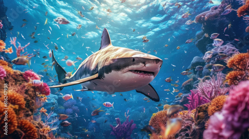 A great white shark in the tropical ocean with coralls
