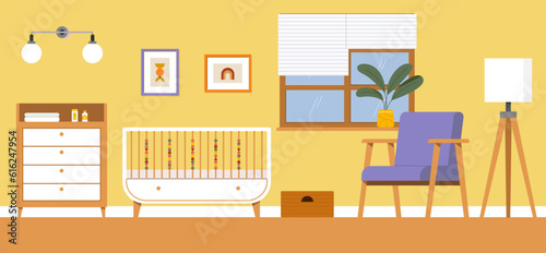 Modern interior design of the children's room. A room with a cradle for a newborn. Flat vector illustration