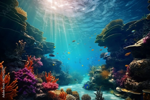 Mesmerizing Underwater World: A captivating photograph showcasing the vibrant marine life and coral reefs in crystal-clear waters, offering a glimpse into the wonders of the underwater world, ideal fo