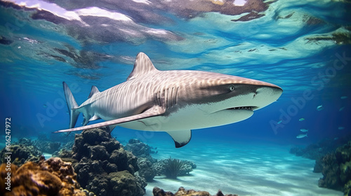 A great white shark in the tropical ocean with coralls