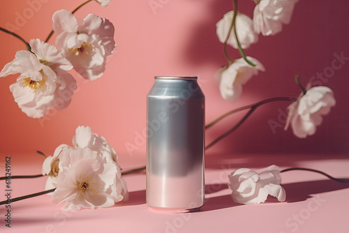 artistic metal beverage can mock up in a curated whimsical studio setting with natural light and shadows and botanical flower elements like cherry blossoms - ai generative art