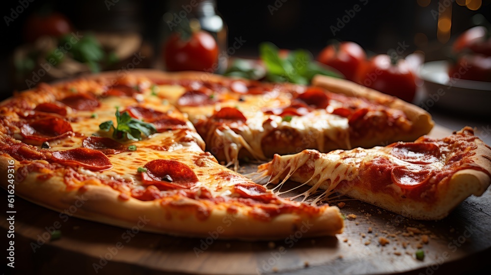 Delicious fresh pizza served on wooden table, Generative AI