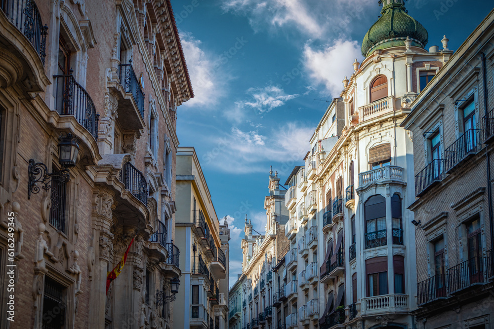 View of the historical buildings of the Trapería street of the city of Murcia, Spain, in the heart of the city