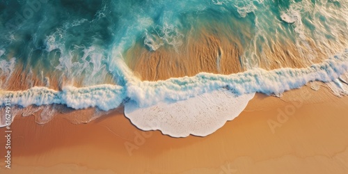 overhead drone photo of sandy beach with blue ocean and crashing waves, create with Generative AI
