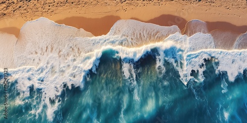 overhead drone photo of sandy beach with blue ocean and crashing waves, create with Generative AI photo