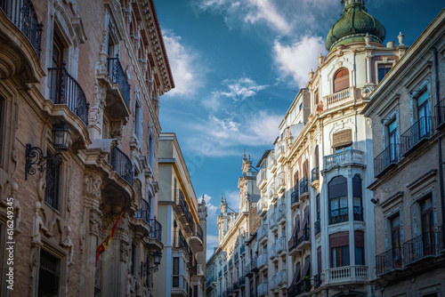 View of the historical buildings of the Trapería street of the city of Murcia, Spain, in the heart of the city