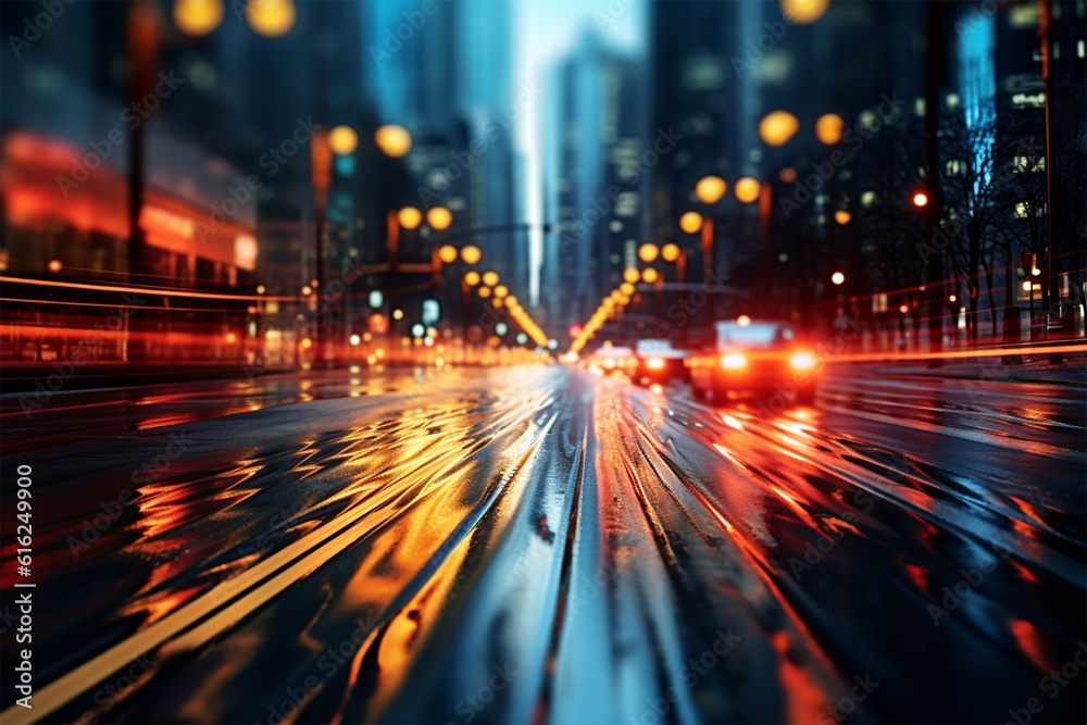 Blurred cars at night, tail lamps and traffic lights, abstract blurry city road Blurred cars at night, tail lamps and traffic lights, abstract blurry city road