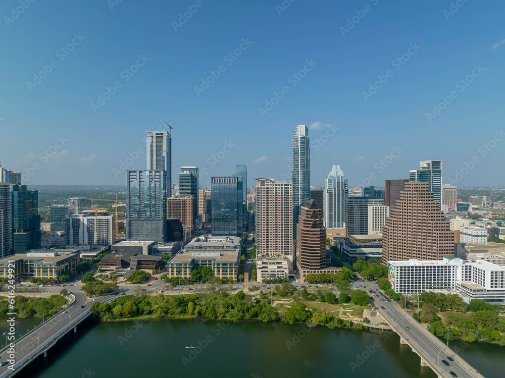 Aerial View Of The City Of Austin Texas Along The Colorado River
